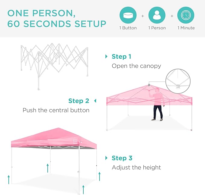 Best Choice Products 8x8ft 1-Person Setup Pop Up Canopy Tent Instant Portable Shelter w/ 1-Button Push, Case, 4 Weight Bags - Pink/White