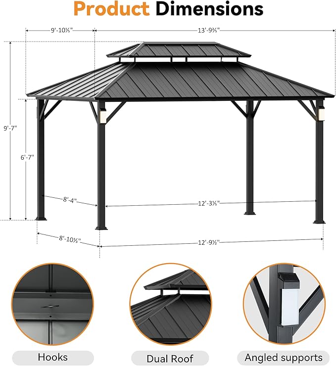 Modern Shade The Horizon Hardtop Gazebo 10' x 14' with 4 LED Lights, Permanent Outdoor Gazebo with Galvanized Steel Double Roof, Grill Pavilion with Decor Hooks, Mosquito Nettings, Black