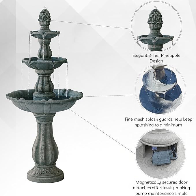 XBrand Outdoor Water Fountain 51 inch 3-Tier Garden Fountain with Pump, Weather Resistant Resin Patio & Yard Waterfall Feature - Grey