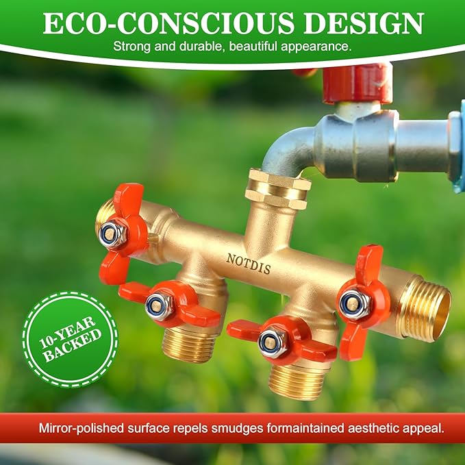 4 Way Brass Hose Splitter Full Flow with Metal Handle - Heavy Duty Spigot Splitter with Shut Off Valve, 3/4" GHT Garden Tap Connector