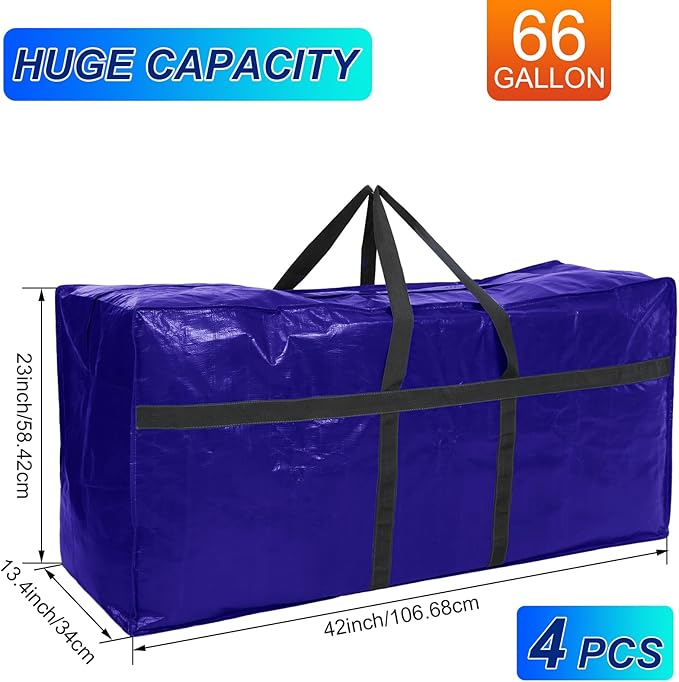 Windyun 4 Pack 57 Gallon Extra Large Storage Bags XXL Moving Bags with Zipper Handles Heavy Duty Jumbo Big Tote Box for Christmas Tree Storage 4, 5, 7.5, 9, 10, 12 ft Skeleton College Dorm(Navy Blue)
