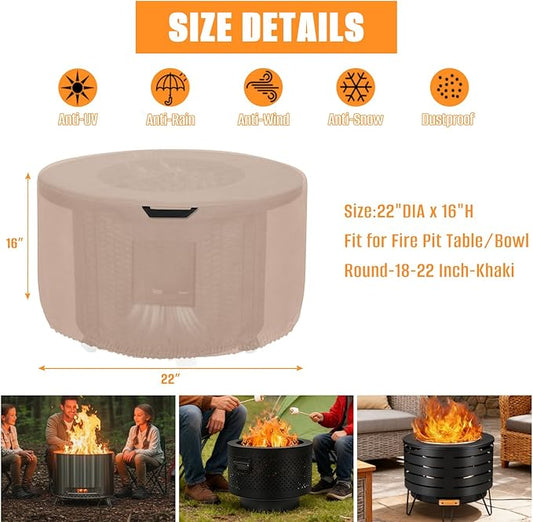 Kovshuiwe Round Fire Pit Cover-600D Fabric Waterproof and Resistant Material，Fits Outdoor For 18-22 Inch Fire Pit /Table Cover, Patio Fire Bowl Cover-22"DIA x 16"H, Khaki