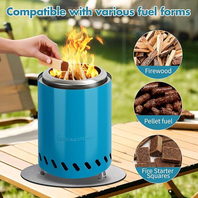 9.7 x 7.1 Inch Tabletop Fire Pit by AmazStove, Low Smoke Camping Stove for Outdoor Safe Burning Firepits, Fueled Pellets or Wood, Travel Bag Included (Blue, 9.7 x 7.1 INCH)