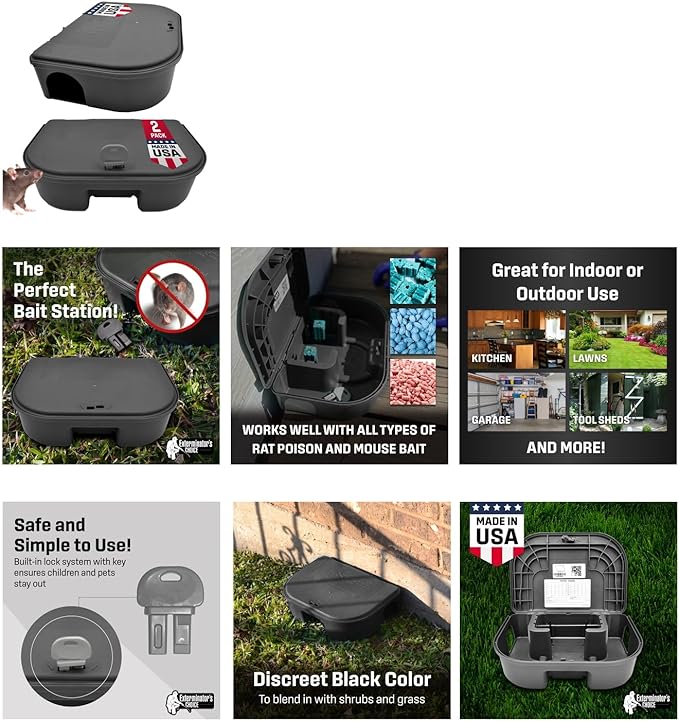 Exterminators Choice Heavy-Duty Mice Bait Station Kit - Compact Low-Profile Design for Indoor & Outdoor Use - Secure Locking & Bait Station Key - 2-Pack, 4.75in x 3.5in x 1.25in