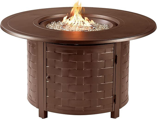 Round 44 in. x 44 in. Aluminum Propane Fire Pit Table with Glass Beads, Two Covers, Lid, 57,000 BTUs in Brown Finish
