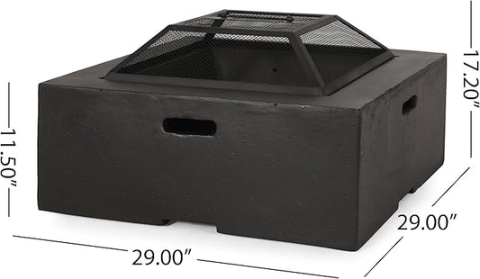29 Inch Outdoor Fire Pit Table, Wood Burning Fire Pit for Patio with Spark Screen, Fire Poker, MGO Square Fireplaces for Camping, Garden, Backyard, Bonfire Party, Dark Gray