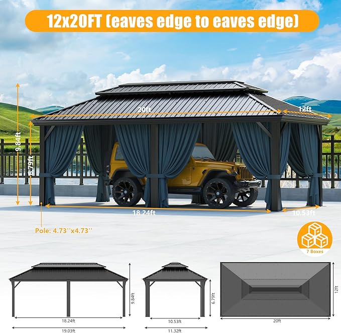 HOTEEL 12x20 Gazebo with Metal Roof & Drainage System, Heavy Duty Hardtop Gazebo with Flame-Retardant Curtain & Netting, Gazebos with Galvanized Steel Double Roof, Outdoor Gazebo for Patio, Party