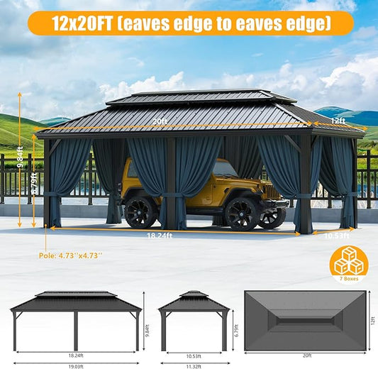 HOTEEL 12x20 Gazebo with Metal Roof & Drainage System, Heavy Duty Hardtop Gazebo with Flame-Retardant Curtain & Netting, Gazebos with Galvanized Steel Double Roof, Outdoor Gazebo for Patio, Party