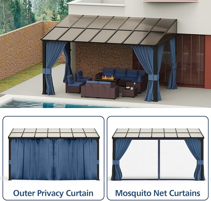 ASJMR 10x14FT Wall Mounted Gazebo Hardtop,Outdoor Wall-Mounted Patio Pergola Metal Frame Double Curtains Gazebo with Sloping Sun Panel Roof for Patio,Garden,Lawn,Pool,Backyard Deck, Navy