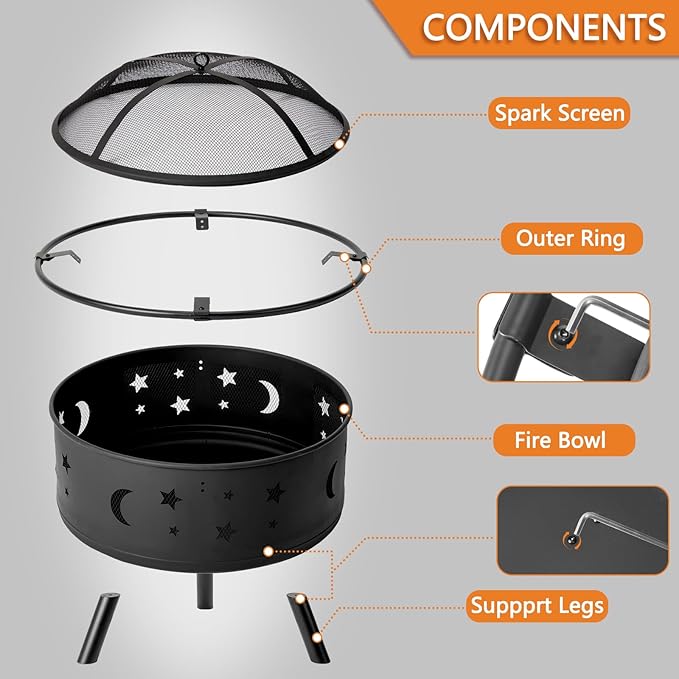 30 Inch Portable Fire Pit for Patio, Backyard, Garden, Fire Pits for Outside Wood Burning with Lid & Poker, Outdoor Firepit & Round Metal Firepit for Camping, Heating, Bonfire & Picnic