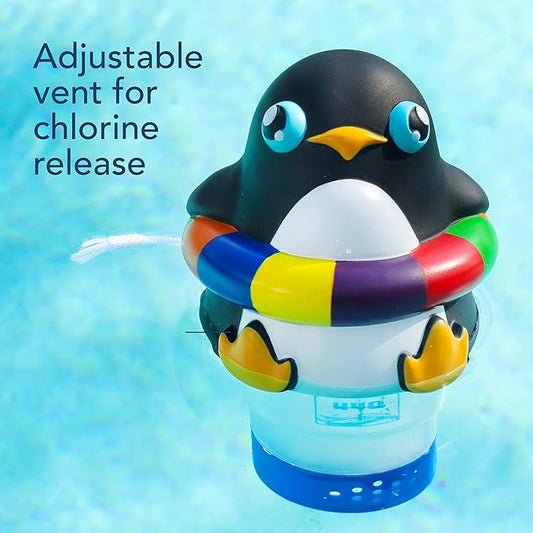 440 Pool Chlorine Floater Dispenser, Fits Up to 3 Pieces of 3-Inch Chlorine Tabs, Adjustable Flow, Control, Heavy-Duty Plastic - Suitable for Small & Large Pools - 8 Ounces | Cartoon Penguin