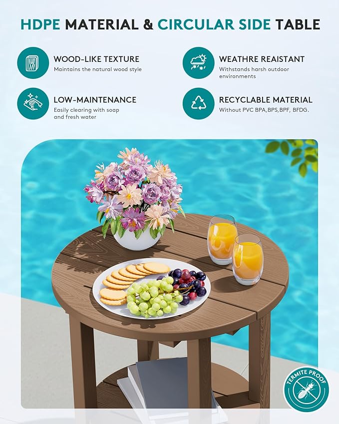 SERWALL Round Adirondack Side Table, 16.5" Double Outdoor Side Table, HDPE Small End Tables for Backyard Pool Porch Garden Lawn, Brown