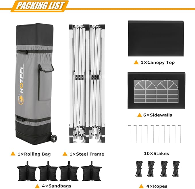 HOTEEL 10x20 Pop Up Canopy with 6 Sidewalls, Easy Setup Party Tent with Wheeled Bag, 4 Weight Bags, Silver Coated Event Shelter for Backyard, Vendor Booths, Black