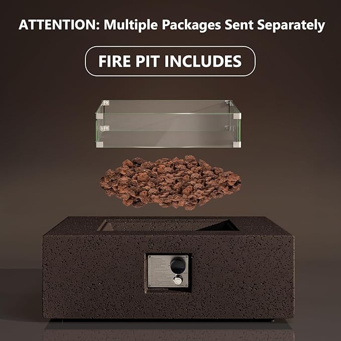 COSIEST Outdoor Propane Fire Pit Coffee Table w Square Faux Stone 35-inch Base, Certified, 50,000 BTU Stainless Steel Burner, Free Lava Rocks and Rain Cover, Wind Guard, Brown