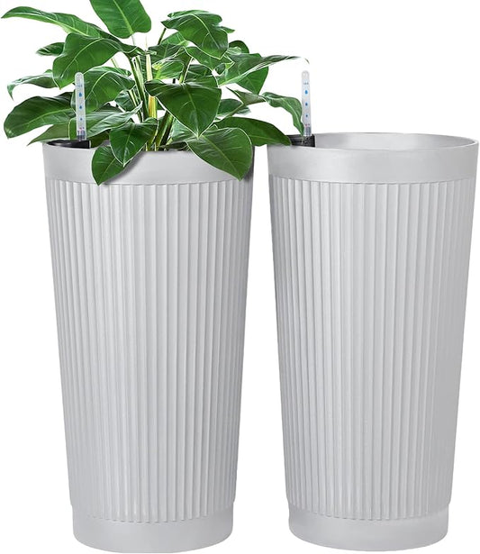 FENCY 2Pack 24IN Self Watering Planter for Indoor Plants, Plastic Large Planter for Outdoor Plants, Water Level Indicator& Spacious Reservoir Flower Planter Decorative(White)
