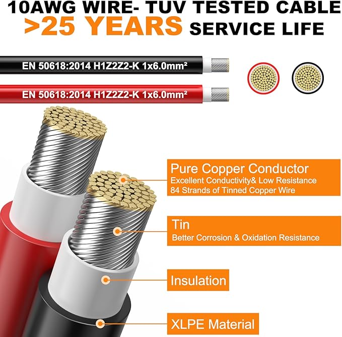 Oududianzi 2x50 Feet Solar Panel Wire, 10AWG Solar Wire H1Z2Z2-K Tinned Copper Solar Extension Cable for Photovoltaic Solar System, Automotive RVs, Boats (50FT Red + 50FT Black)