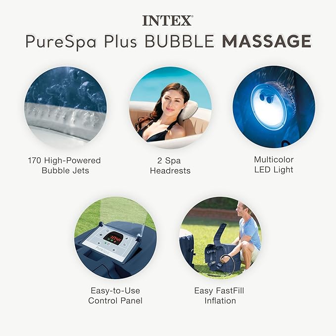 INTEX 28431EP PureSpa Plus Bubble Massage Inflatable Spa Set: Includes Energy Efficient Spa Cover –2 Headrests – LED Light – 6 Person Capacity – 85" x 28"