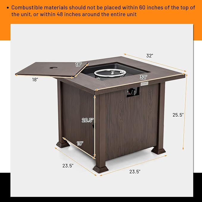 Tangkula 32 Inches Propane Fire Pit, Patiojoy 50,000 BTU Gas Fire Pit Table with Lid, Lava Rocks, Protective Cover, 2-in-1 Outdoor Fire Table with Adjustable Flame, Stainless Steel Burner (Brown)