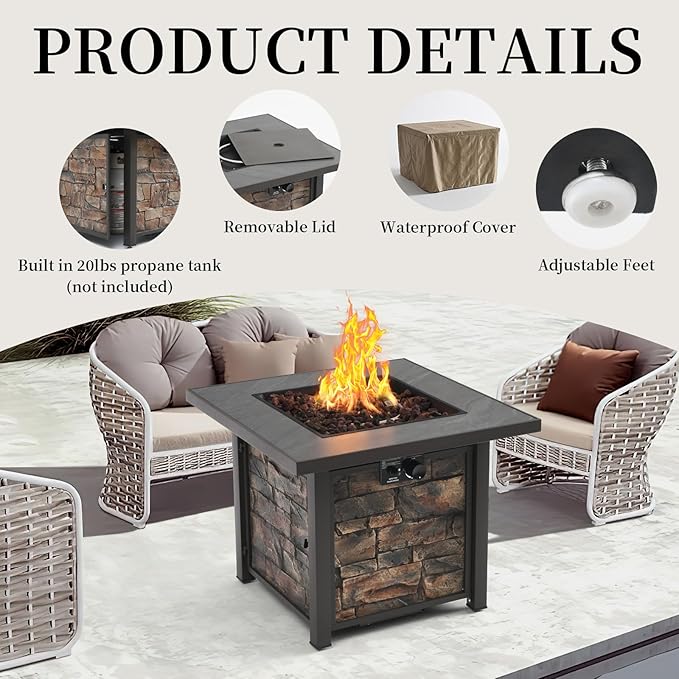 32'' Propane Fire Table for Outdoor, Sintered Stone Tabletop & Polyresin Natural Stone Base, 50000 BTU Gas Fire Pit Table for Outside Patio and Garden, with Lava Rock
