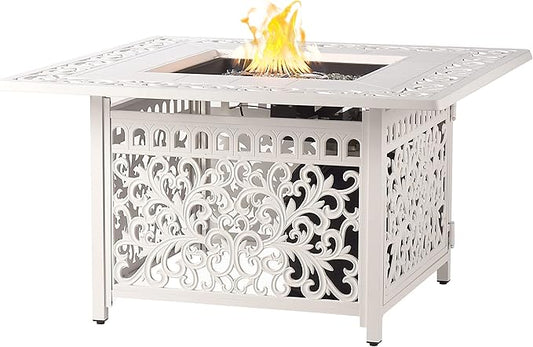 Oakland Living Square 42 in. x 42 in. Aluminum Propane Fire Pit Table with Glass Beads, Two Covers, Lid, 57,000 BTUs in White Finish