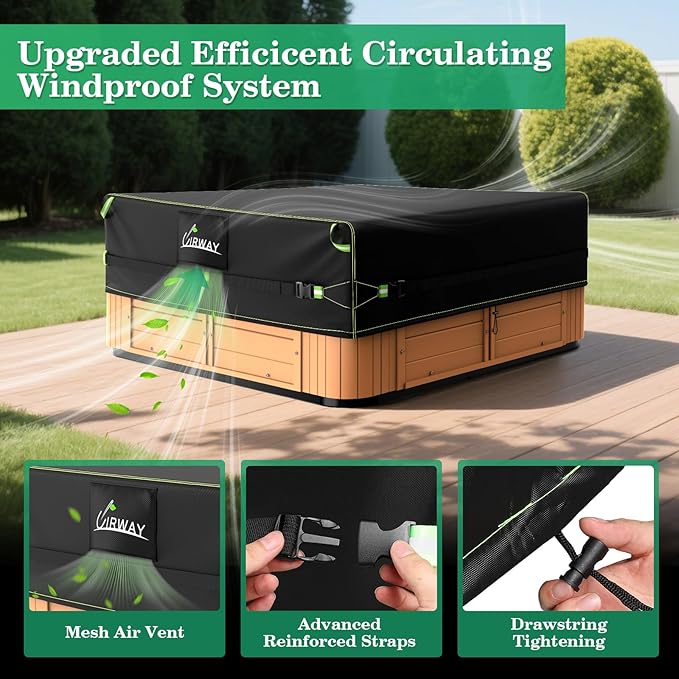 Uirway 600D Square Hot Tub Cover 95”L x 95”W x 20”H [2025 Upgraded Heavy Duty Fabric] Outdoor Waterproof SPA Covers for Hot Tub, New Super Windproof Straps, Hot Tub Winter Cover Protector with Anti-UV