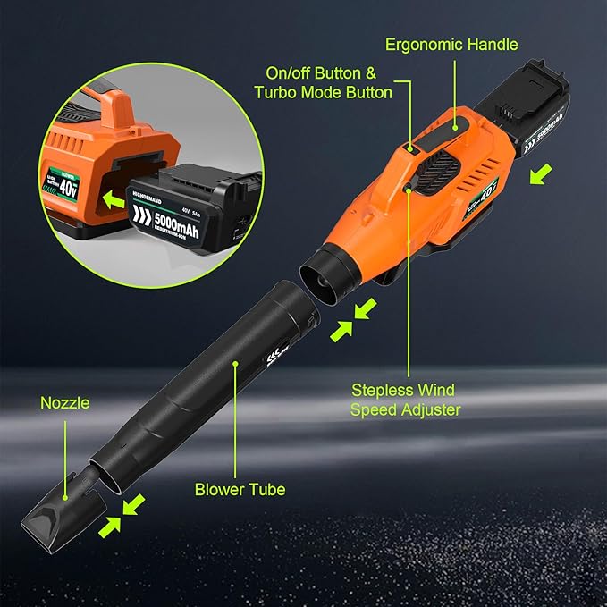 Aoypalp Leaf Blower Cordless with Battery - 40V Powerful Electric Leaf Blower, 600CFM &180MPH and Variable-Speed with 5.0Ah Battery and Charger for Lawn Care, Patio, Dust, Blowing Leaves (Orange)