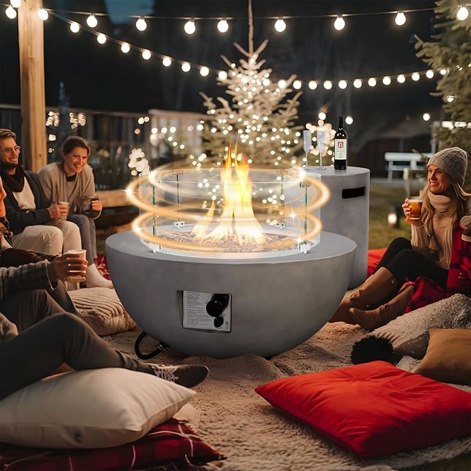 Round Propane Fire Pit–31.5 Inch Outdoor Modern Firepit 3-Piece 50,000 BTU Gas Concrete Fire Pit Tank Cover CSA Certification w Lid and Glass Wind Guard,Lava Rocks for Deck or Patio
