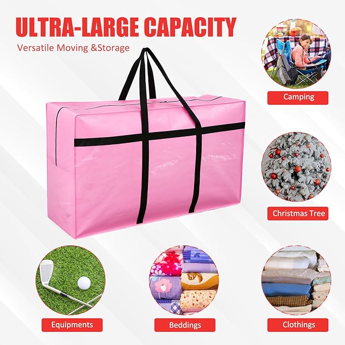 Windyun 4 Pack 57 Gallon Extra Large Storage Bags XXL Moving Bags with Zipper Handles Heavy Duty Jumbo Big Tote Box for Christmas Tree Storage 4, 5, 7.5, 9, 10, 12 ft Skeleton College Dorm(Pink)