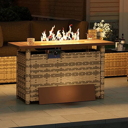 Aoxun Outdoor Patio Furniture with Fire Pit Table, 50,000 BTU Wicker Gas Fire Pits with Lid, 44'' Propane Gas Firepit Table for Backyard, Poolside, Garden (Yellow)