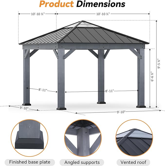 Modern Shade Wood Gazebo 11' x 11', Hardtop Gazebo with Galvanized Steel and Polycarbonate Hip Roof Hardtop, Cedar Framed Wooden Gazebo for Garden, Backyard, Patio and Deck