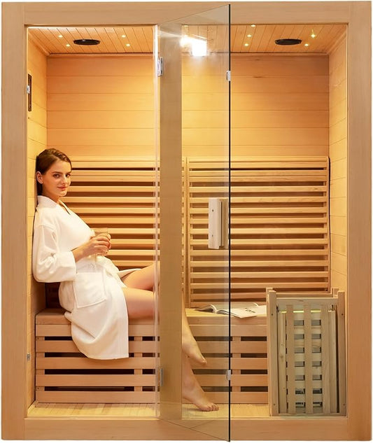 ZONEMEL Wooden Steam Sauna Room, 2 Person Canadian Hemlock Luxurious Indoor Sauna with 3.5 KW Harvia Stove Heater, Bluetooth Speaker, Sauna Stone, Wooden Bucket, Scoop, Reading Light, Hourglass,220V
