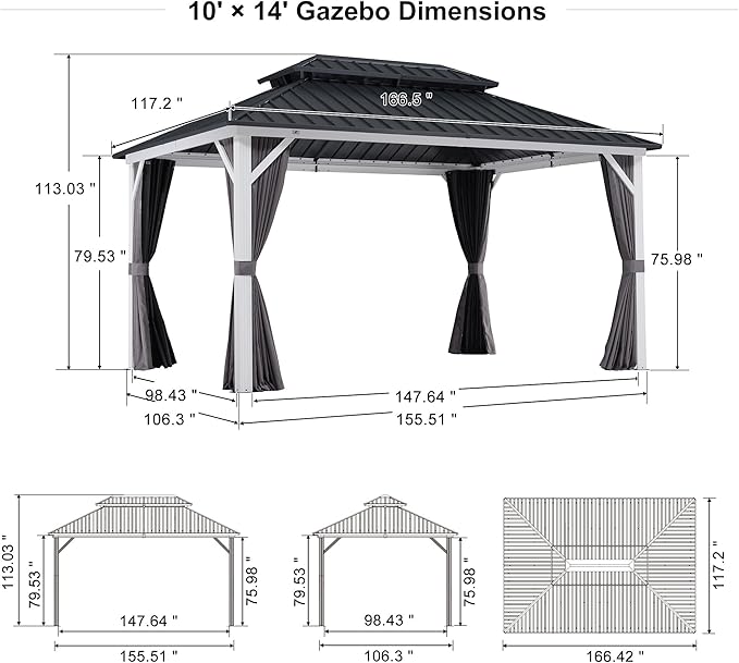 PURPLE LEAF 10' X 14' Hardtop Gazebo Metal Double Roof White Aluminum Frame Outdoor Heavy Duty Gazebo with Curtain and Netting for Patio Garden and Backyard, Grey
