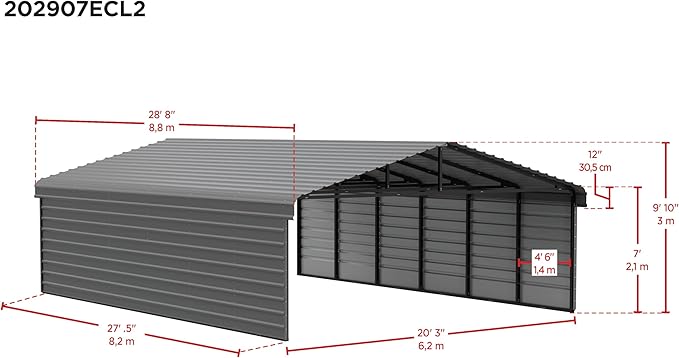 Arrow Carports Galvanized Steel Carport, with 2-Sided Enclosure, Compact Car Metal Carport Kit, 20' x 29' x 7', Charcoal