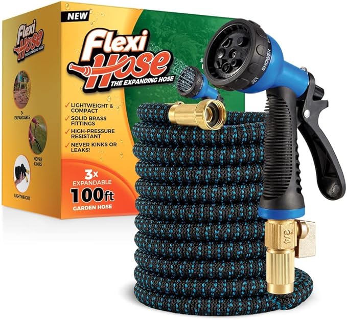 Flexi Hose Expandable Garden Hose with 8 Function Nozzle, 100FT - Lightweight Retractable Garden Hose, Water Hose - No-Kink Flexibility, 3/4 Inch Solid Brass Fittings and Double Latex Core