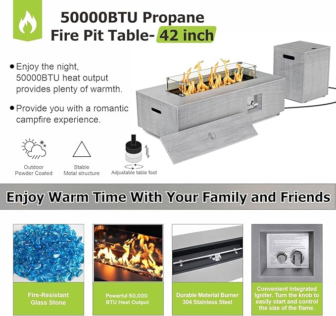 42" Rectangular Propane Fire Pit table, 50,000 BTU Fireplace Table with Wind Guard Glass, Lid, Rocks and Cover, Outdoor Fire Pit for Deck or Patio, Fogata para Patio (Light Grey, 42" Standard)
