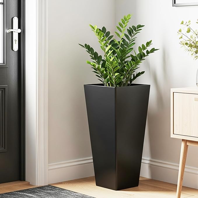 WORTH Garden Large 28 in.Tall Planters Set of 2 for Indoor and Outdoor, Heavy Duty Plastic Black Modern Taper Flower Plant Pots with Drainage Hole and Dual-Purpose Tray for Front Porch, Patio
