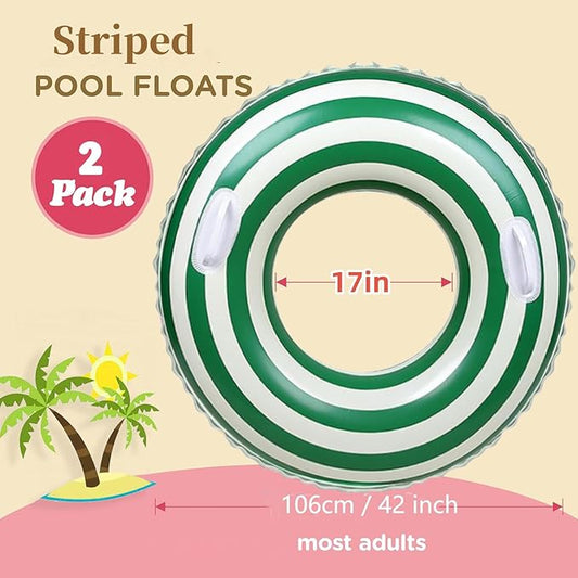 2 PCS Striped Pool Floats for Adults Swimming Rings Tube with Handles -Inflatable Pool Float Tube for Adults Pool Floats for The Beach, Party, Vacation