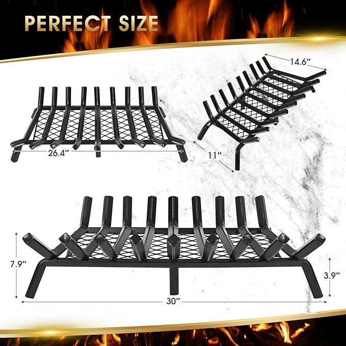 G GOOD GAIN Fireplace Grate with Ember Retainer, 30in Heavy Duty Steel Indoor, Chimney Hearth Wood Stove Burning Rack Holder,1/2 Bar Fire Place Asseccories for Outdoor, Fire Pits, Camping.
