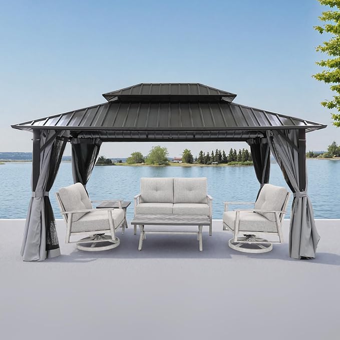 SEEHILL 10' x 12' Hardtop Gazebo, Aluminum Frame Outdoor Patio Gazebo with Netting and Curtains, Outdoor Hardtop Gazebos, Patio Pergolas with Double Metal Roofs for Backyard, Patio, Deck, Slate Gray