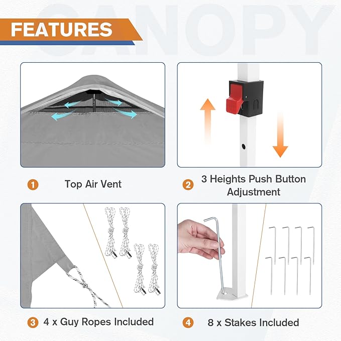EAGLE PEAK Pop Up Canopy Tent with 1 Sidewall, Easy Setup Event Tent, Outdoor Sun Shade, Wheeled Carry Bag, Stakes and Guy Ropes, Instant Canopy 10x10, Light Gray