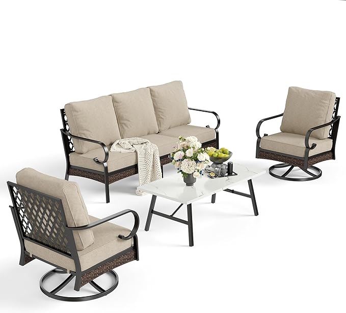4 PCS Metal Outdoor Patio Furniture Set, Patio Conversation Sets 1 3-Seater Sofa, 2 Swivel Chairs with 5.75" Extra Thick Cushion & Coffee Table, Black Frame Backyard Furniture, Beige
