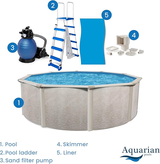 Aquarian Above Ground Pool Kit w/ Sand Filter & Pump, Phoenix Steel-Frame, 18', Gray - Large Heavy-Duty Outdoor Family Swimming Pool for Backyard, Patio, and Yard