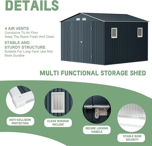Breezz Outdoor Storage Shed 10 x 10 ft. Utility Tool Shed Metal Storage Garden Shed with Lockable Doors, Windows for Patio Storage,Nightblue