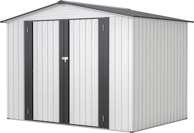 6x8 FT Outdoor Storage Shed, Metal Garden Shed with Lockable Hinged Doors, Outside Tool Shed with Sloped Roof & 4 Air Vents, Waterproof Storage Building for Backyard, Patio, Lawn, White