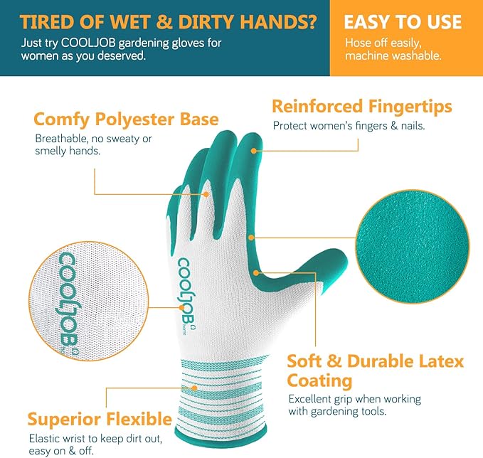 COOLJOB 2 Pairs Gardening Gloves for Women Ladies, Breathable Rubber Coated for Yard Garden, Outdoor Indoor Protective Work with Grip, Medium Size, Red & Green