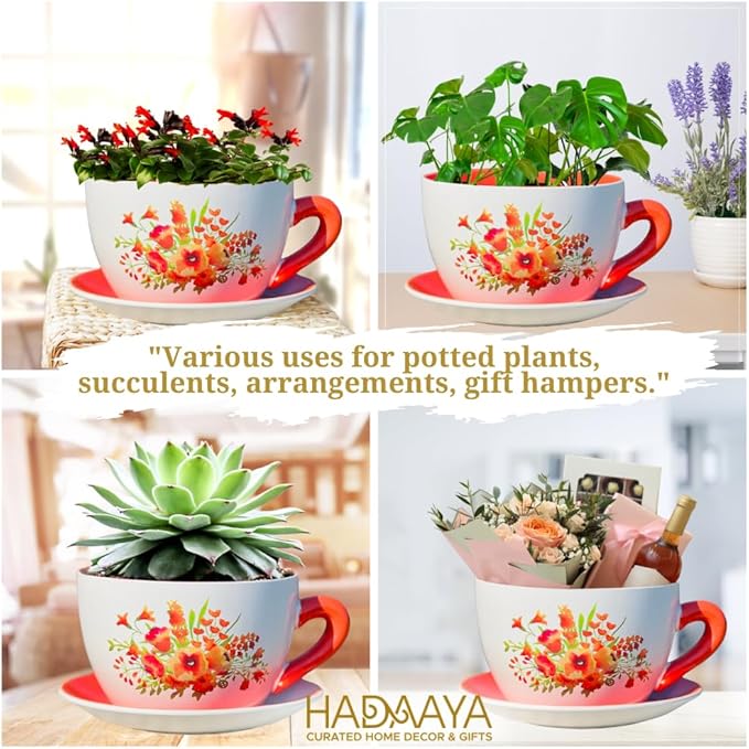 7.5" Round Ceramic Teacup Shape Planter Pot with Saucer for Succulents Orchids Herbs Cactus Indoor Houseplants Flowers for Home Garden and Event Decor – Orange Poppy Floral