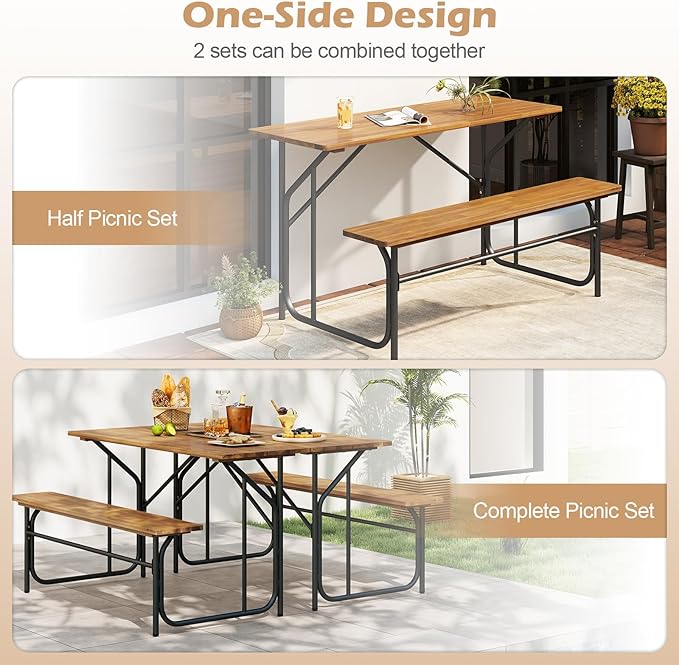 Tangkula Patio Dining Bench Set, Heavy-Duty Outdoor Acacia Wood Dining Furniture with Metal Legs for Balcony, Backyard, Poolside, Garden (2,52” x 32” x 29.5”)