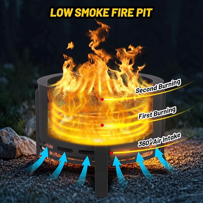 26 Inch Smokeless Fire Pit Stove Bonfire, Outdoor Steel Fire Pit with Adjustable Foot, Fire Poker and Dust Bag, Large Firepits for Outside Wood Burning Black