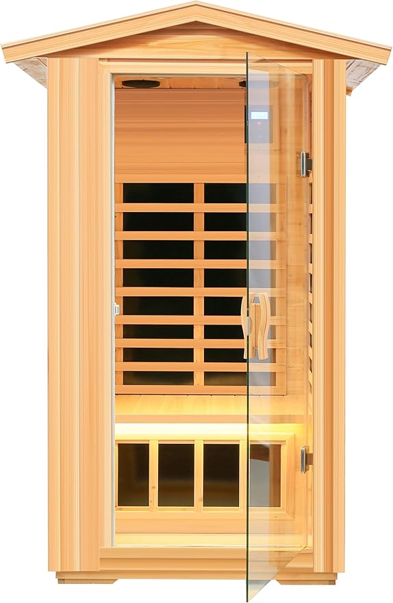 LTCCDSS 1-Person Low EMF Outdoor Far Infrared Sauna - Wisconsin Basswood Saunas for Home - Bluetooth Speakers, LED Reading Lamps, Chromotherapy Lights (45.7 * 39.4 * 79.5 inch)