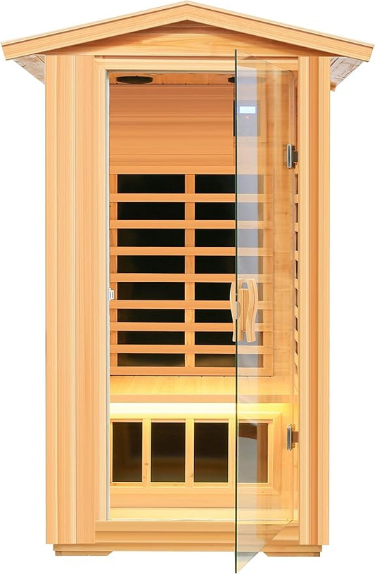 LTCCDSS 1-Person Low EMF Outdoor Far Infrared Sauna - Wisconsin Basswood Saunas for Home - Bluetooth Speakers, LED Reading Lamps, Chromotherapy Lights (45.7 * 39.4 * 79.5 inch)